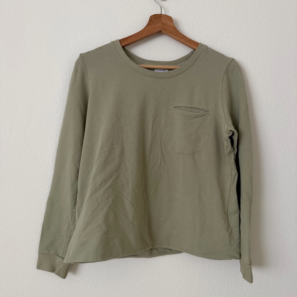 Cuyana French Terry Pocket Long Sleeve Pleat Back Shirt Sage Green Size S Cute